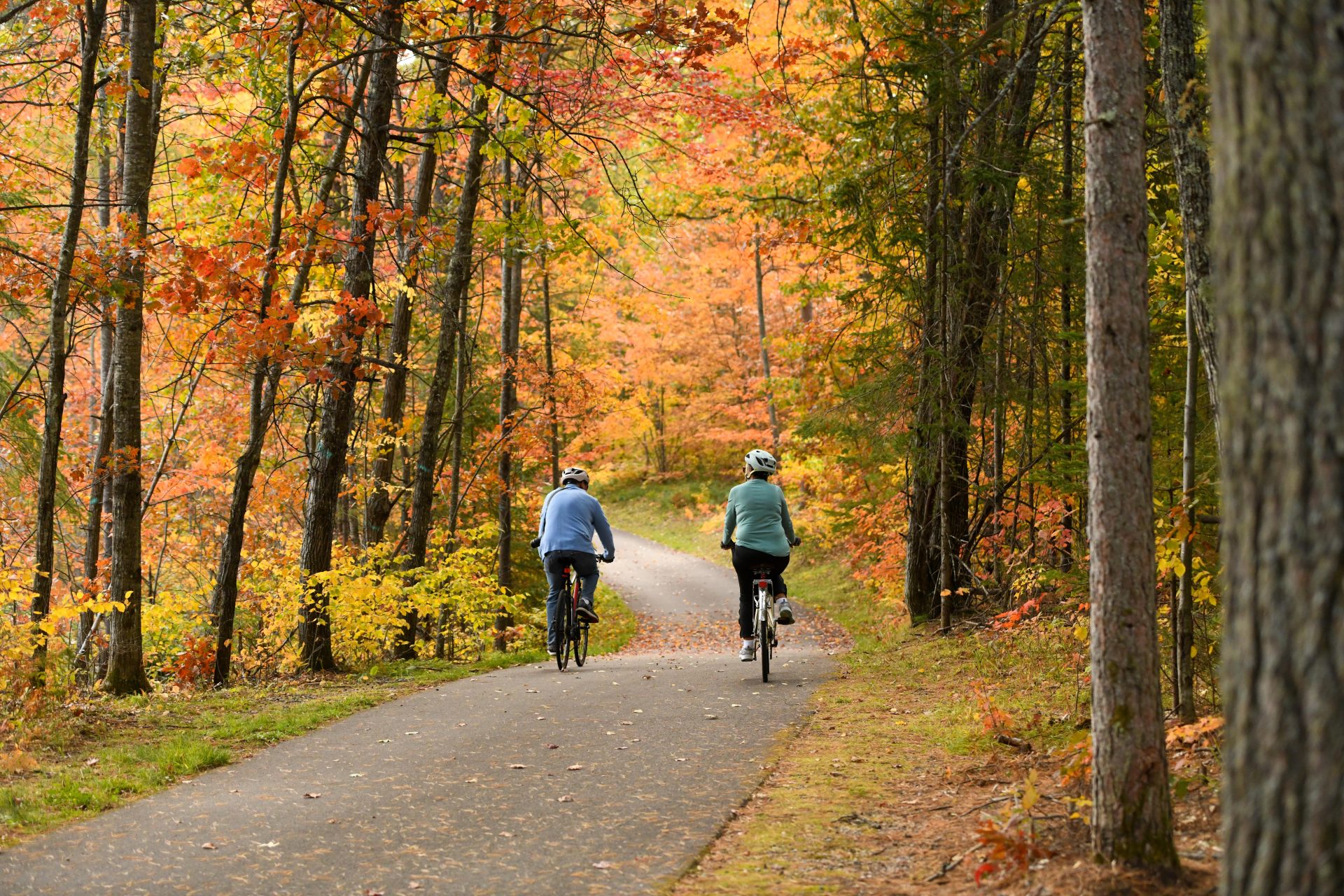 Two bicyclists on the paved bike trail during the fall in Boulder Junction, WI